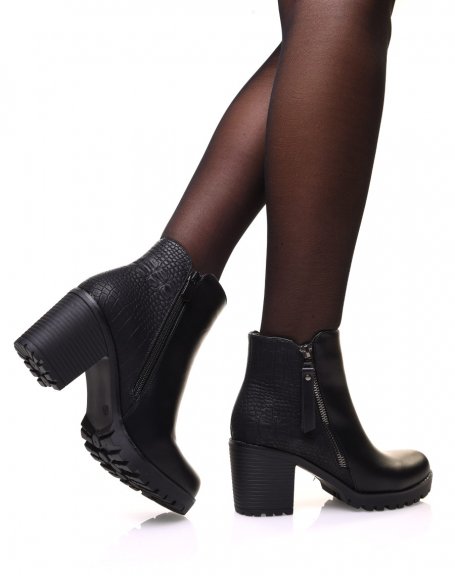 Black bi-material ankle boots with python effect