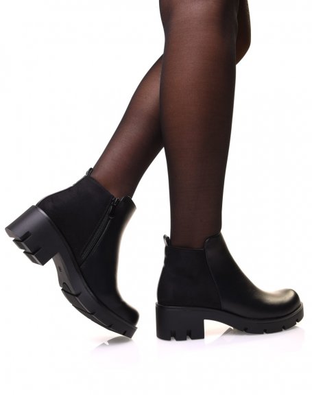 Black bi-material ankle boots with small heel and notched sole