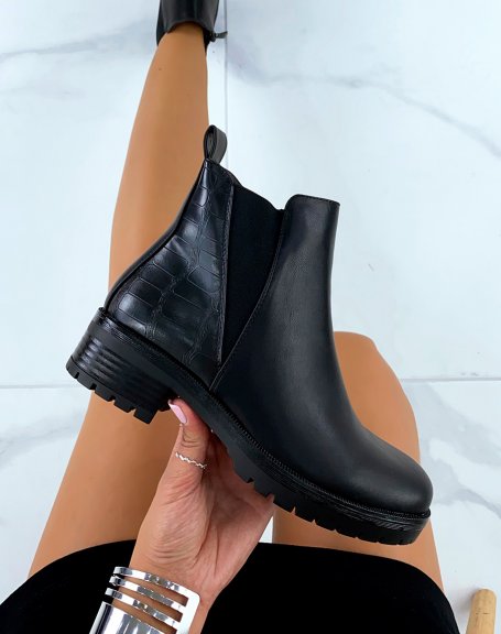 Black bi-material ankle boots with small heel and triangle elastic