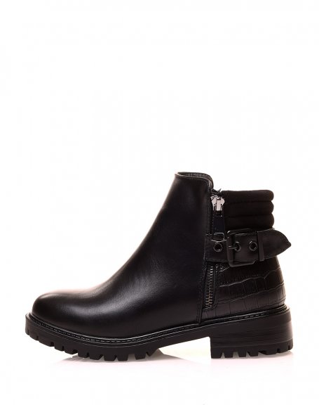 Black bi-material ankle boots with strap