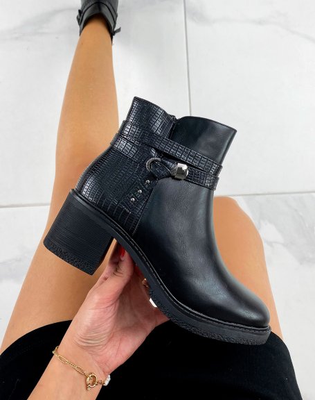 Black bi-material ankle boots with straps and small heel