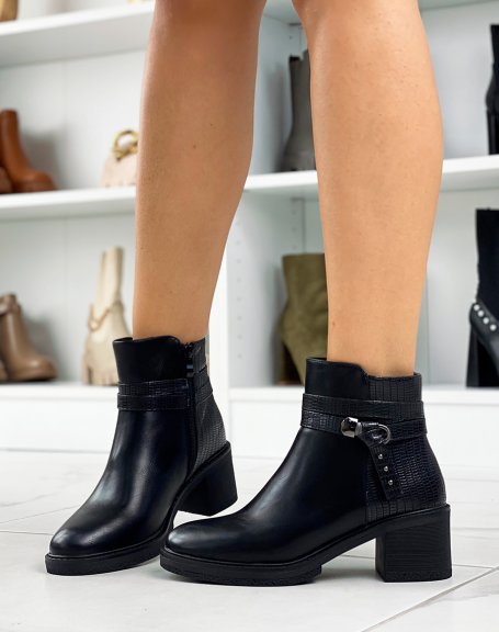 Black bi-material ankle boots with straps and small heel
