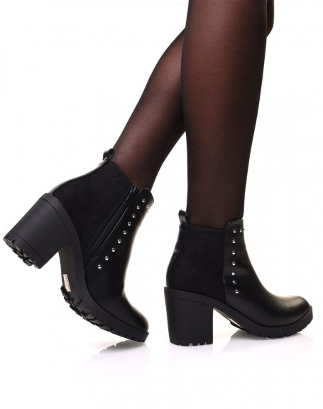 Black bi-material ankle boots with studded details