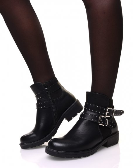 Black bi-material ankle boots with studded strap