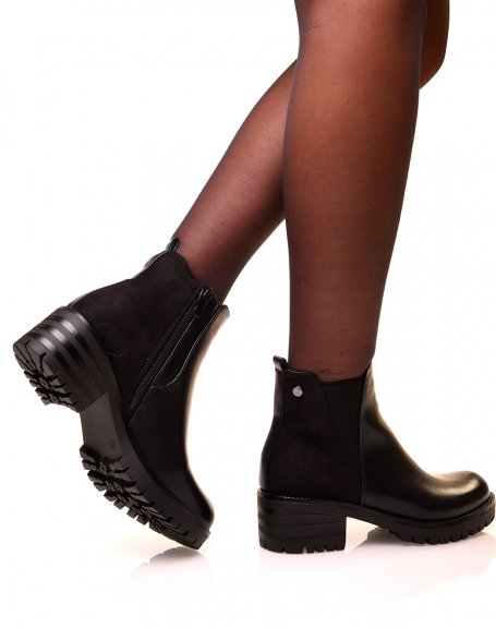 Black bi-material ankle boots with suede effect and high cut elastic