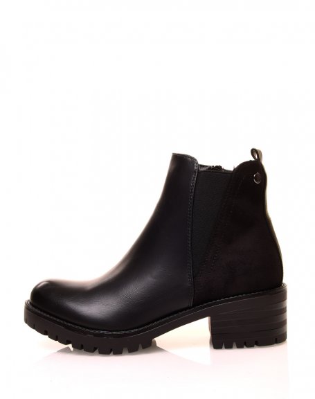 Black bi-material ankle boots with suede effect and high cut elastic