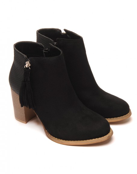Black bi-material ankle boots with tassel detail