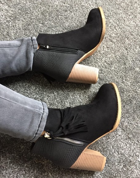 Black bi-material ankle boots with tassel detail