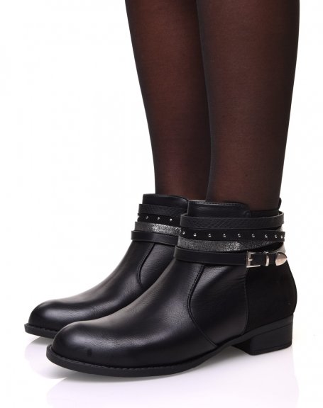 Black bi-material ankle boots with thin multiple straps