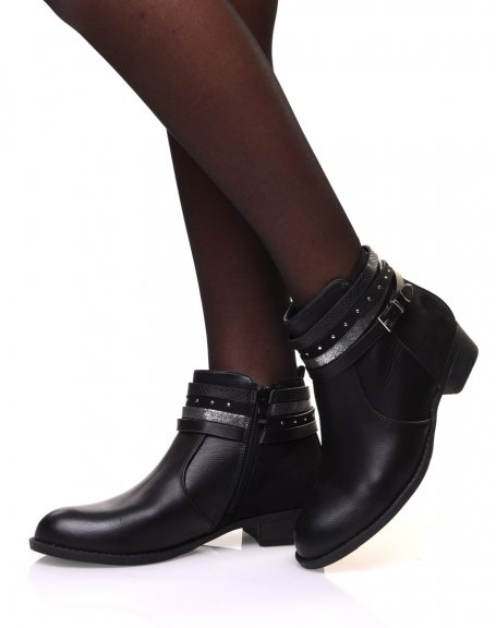 Black bi-material ankle boots with thin multiple straps