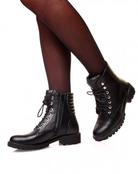 Black bi-material boots with crocodile effect with laces