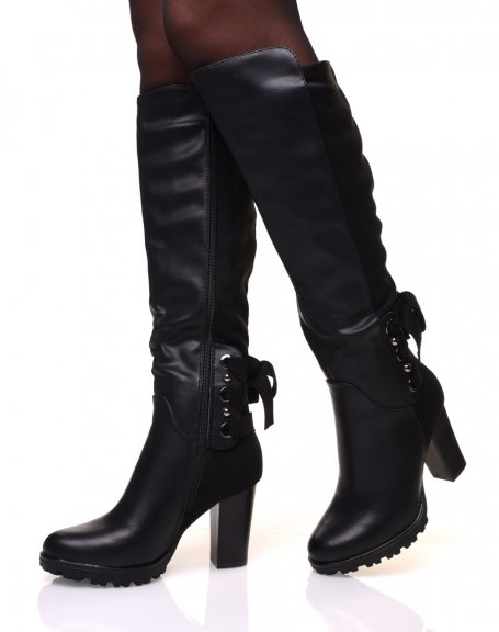 Black bi-material boots with heels and suede laces