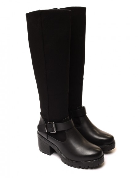 Black bi-material boots with mid high heel