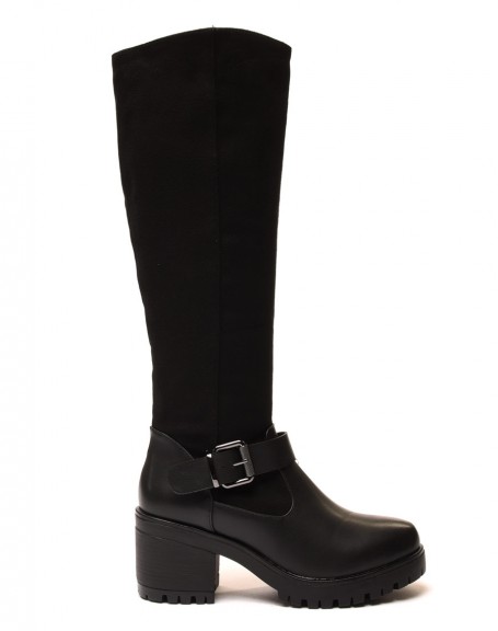 Black bi-material boots with mid high heel