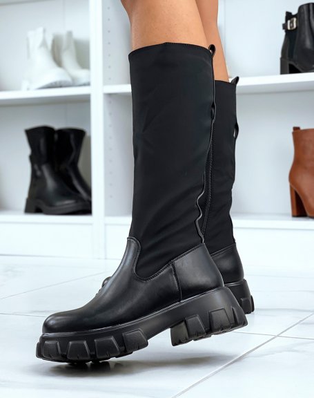 Black bi-material boots with pocket and notched soles
