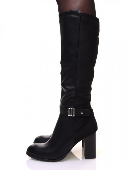 Black bi-material boots with silver strap