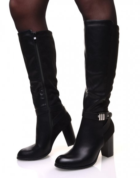 Black bi-material boots with silver strap