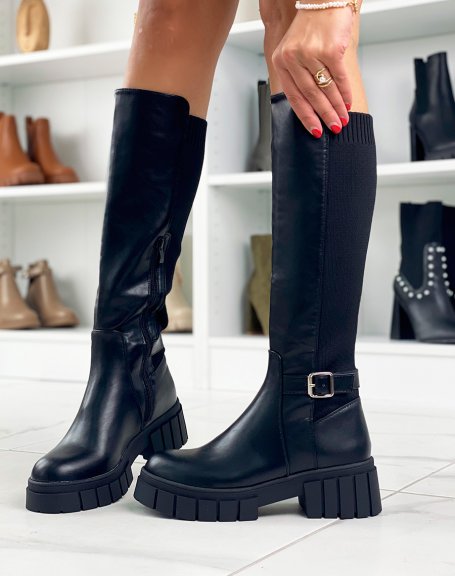 Black bi-material boots with thong and thick sole