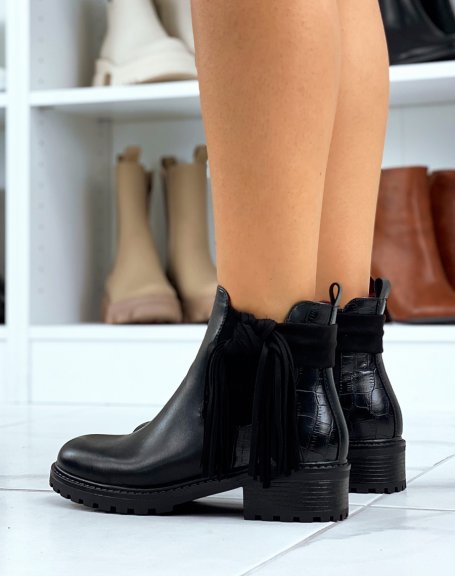 Black bi-material chelsea boots with fringe