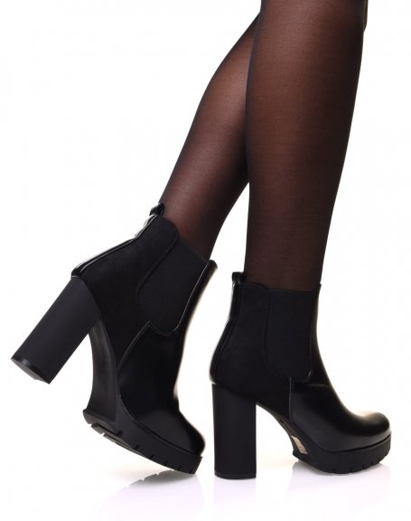 Black bi-material Chelsea boots with heels and notched platform