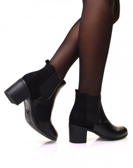 Black bi-material Chelsea boots with mid-high heel
