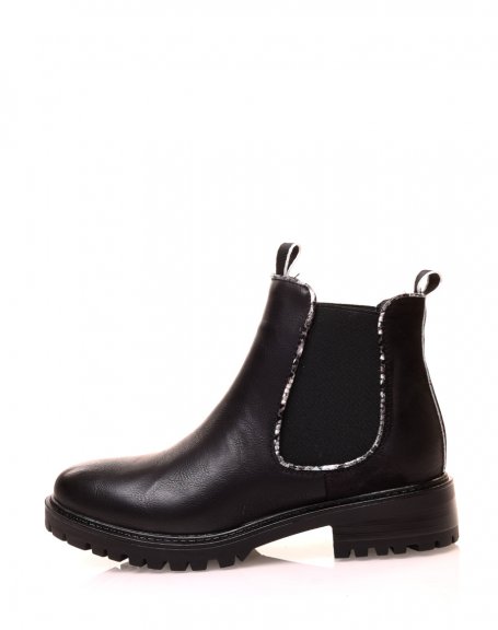 Black bi-material Chelsea boots with python-effect details