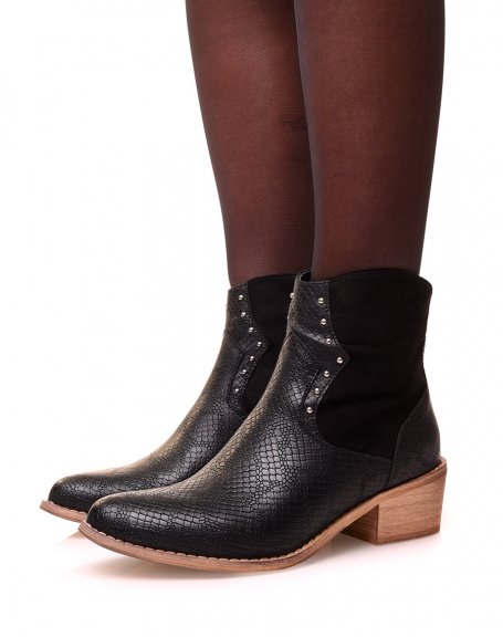 Black bi-material cowboy boots with python-effect studs