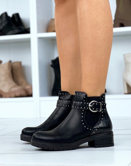 Black bi-material croc-effect studded ankle boots with silver strap