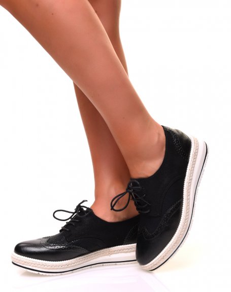 Black bi-material derby shoes with silver reflections with decorated wedge soles