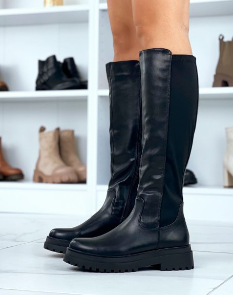 Black bi-material fabric-effect boots