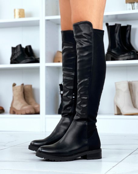 Black bi-material fabric-effect boots with thin sole