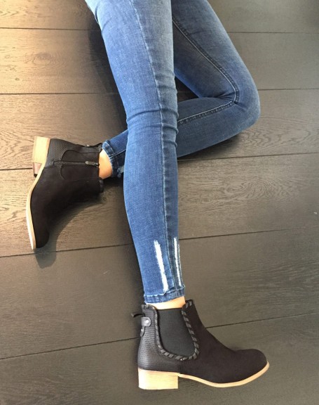 Black bi-material flat ankle boots with details