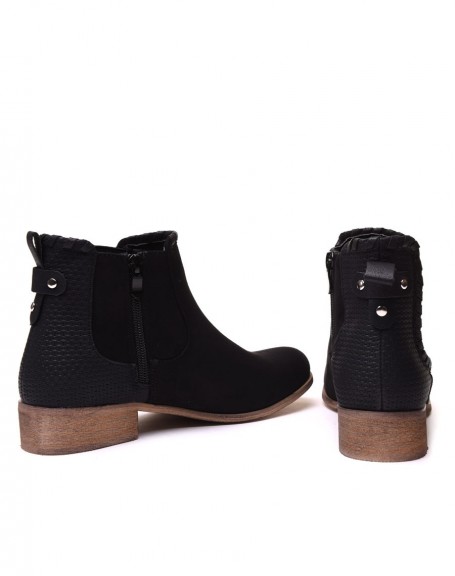 Black bi-material flat ankle boots with details