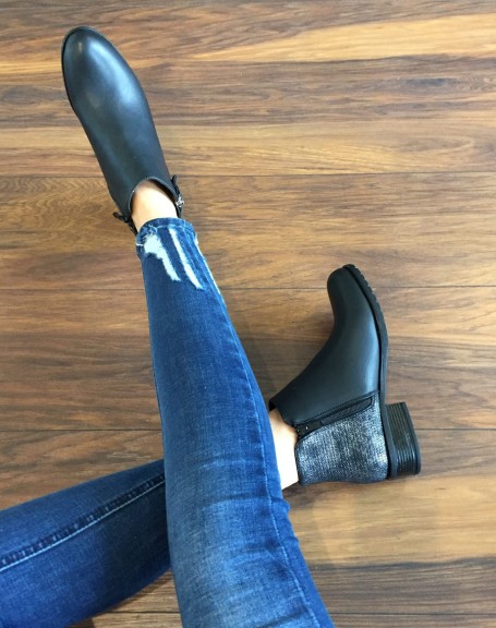 Black bi-material flat boots
