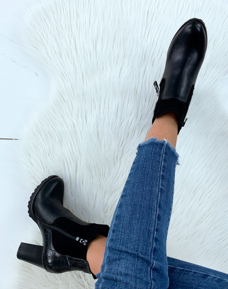 Black bi-material heeled ankle boots
