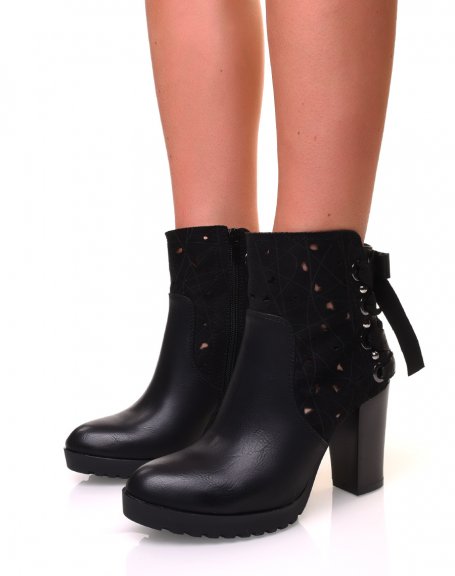 Black bi-material heeled ankle boots with bows and pearls