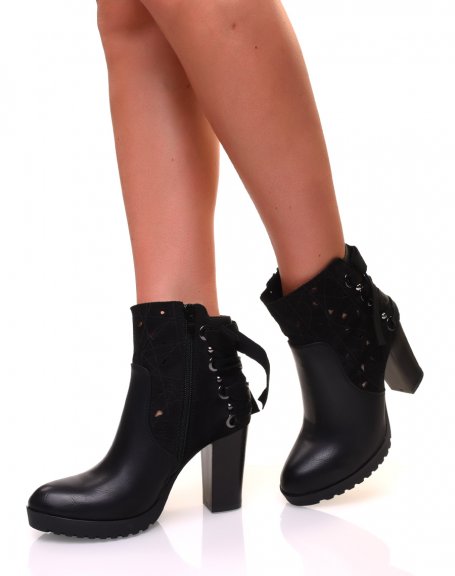 Black bi-material heeled ankle boots with bows and pearls