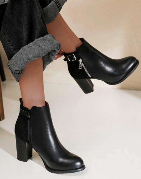 Black bi-material heeled ankle boots with strap