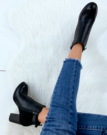 Black bi-material heeled ankle boots with strap