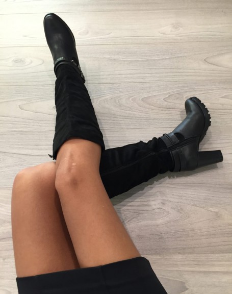 Black bi-material heeled boots