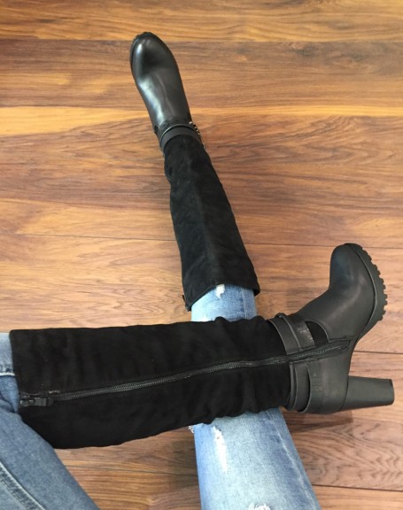Black bi-material heeled boots