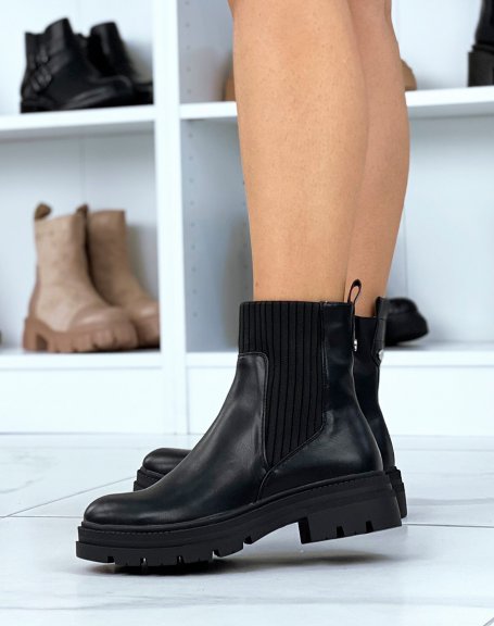 Black bi-material heeled sock-effect ankle boots
