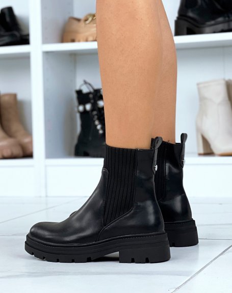 Black bi-material heeled sock-effect ankle boots