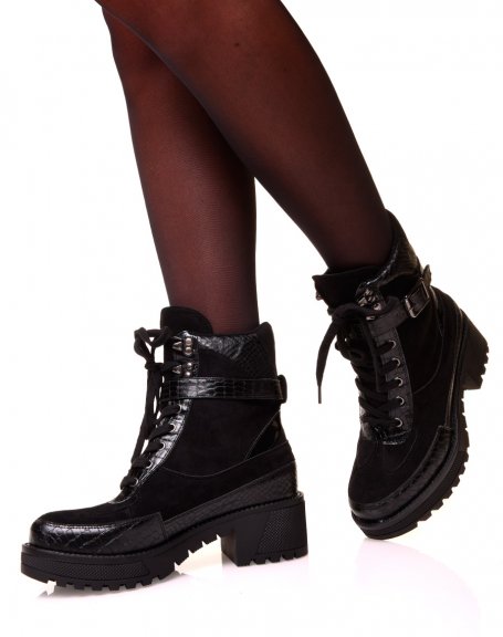 Black bi-material high ankle boots with strap