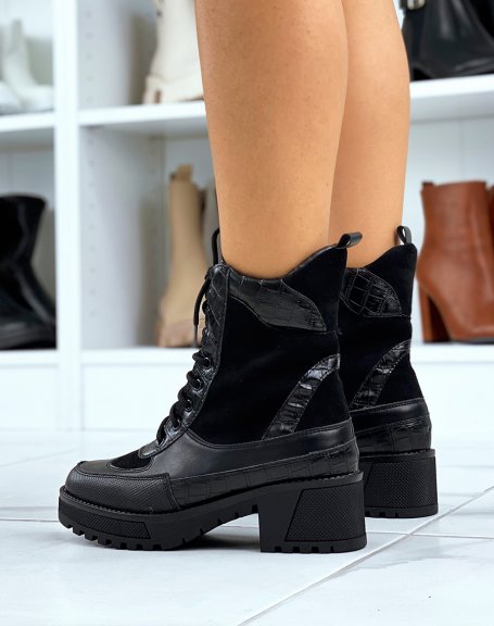 Black bi-material high boots