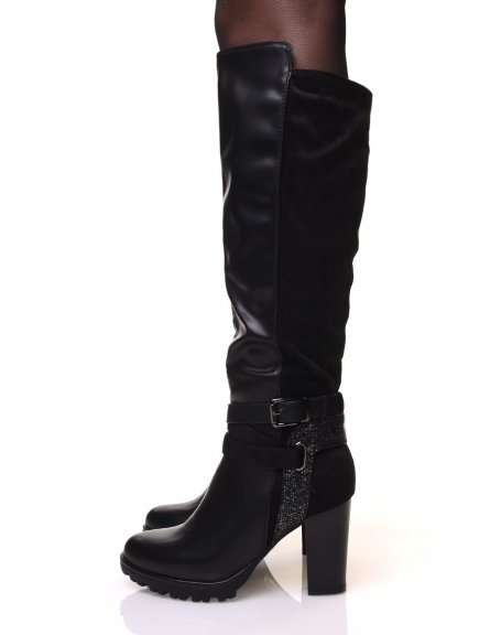 Black bi-material high heel boots