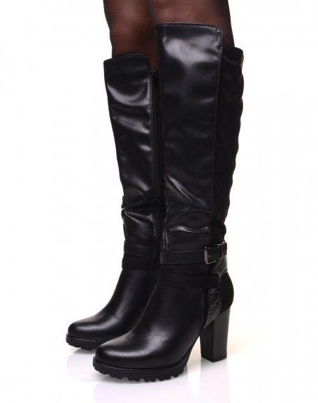 Black bi-material high heel boots