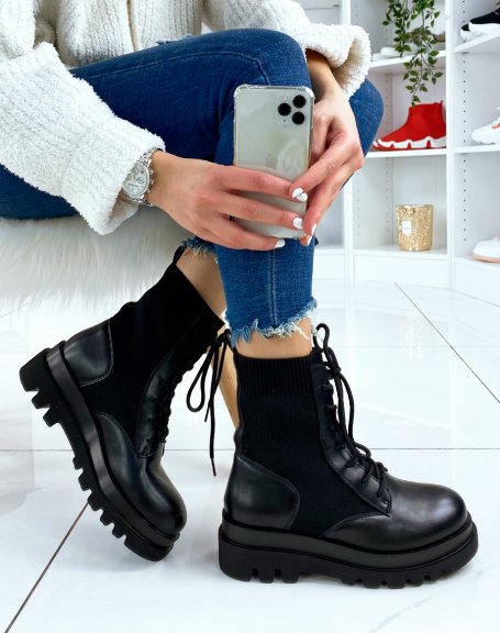 Black bi-material lace-up ankle boots