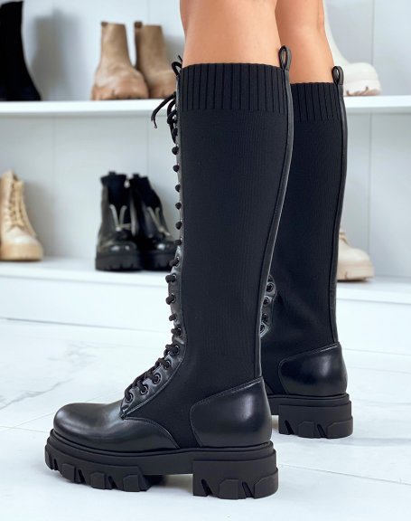 Black bi-material lace-up boots with notched sole