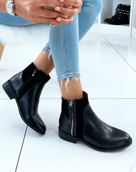 Black bi-material low boots with silver closures